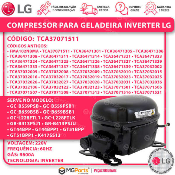 Modelos compativeis Compressor Geladeira Inverter LG GT44BPP GT51BPP FMA102NBMA